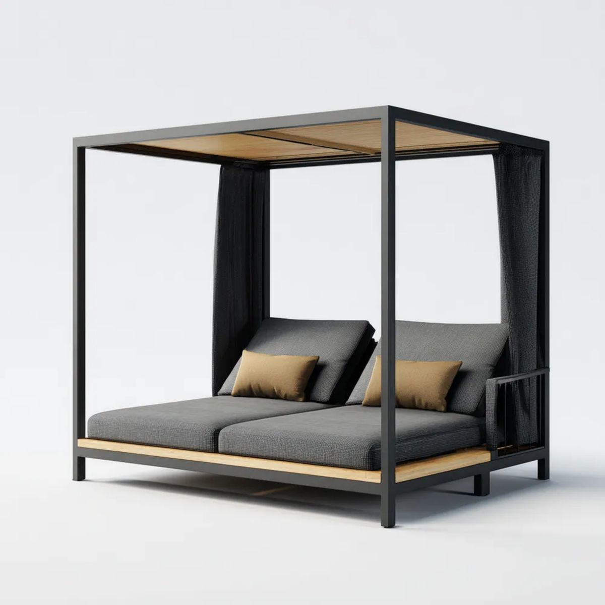 Leżak ogrodowy, Podwójne łóżko ogrodowe z czarnym i baldachim z litego drewna 200 x 200 x 200 cm