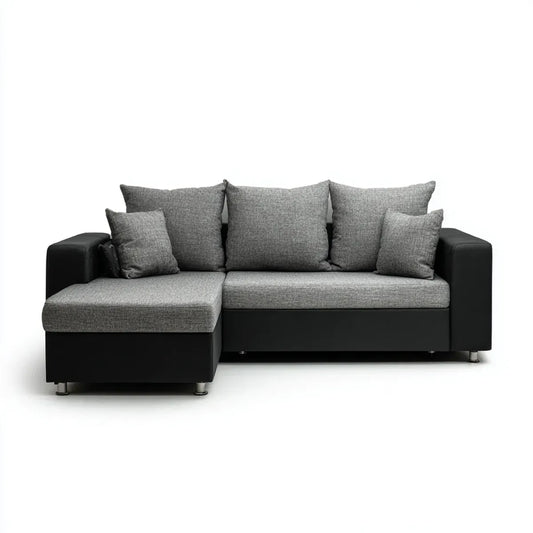 Sofa, Kanapa narożna 3 miejsca szaro-czarne z półwyspem 240 x 145 x 85 cm w poliestrze i PU