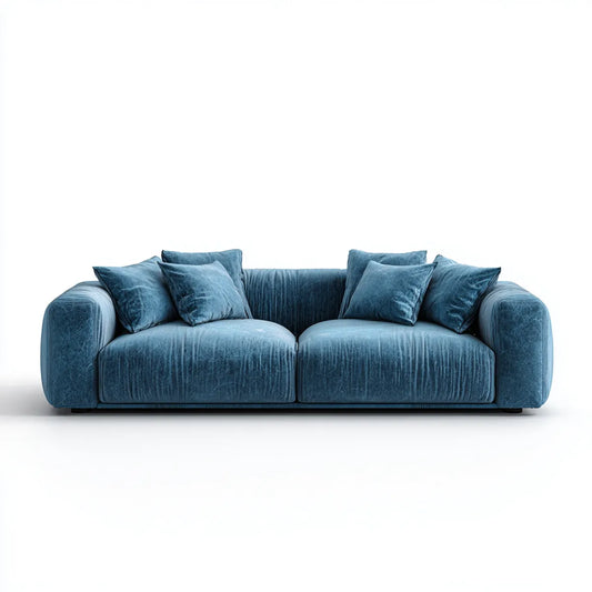 Sofa 2 niebieskie miejsca w aksamicie poliestrowym 220 x 100 x 78 cm z kwadratowymi poduszkami