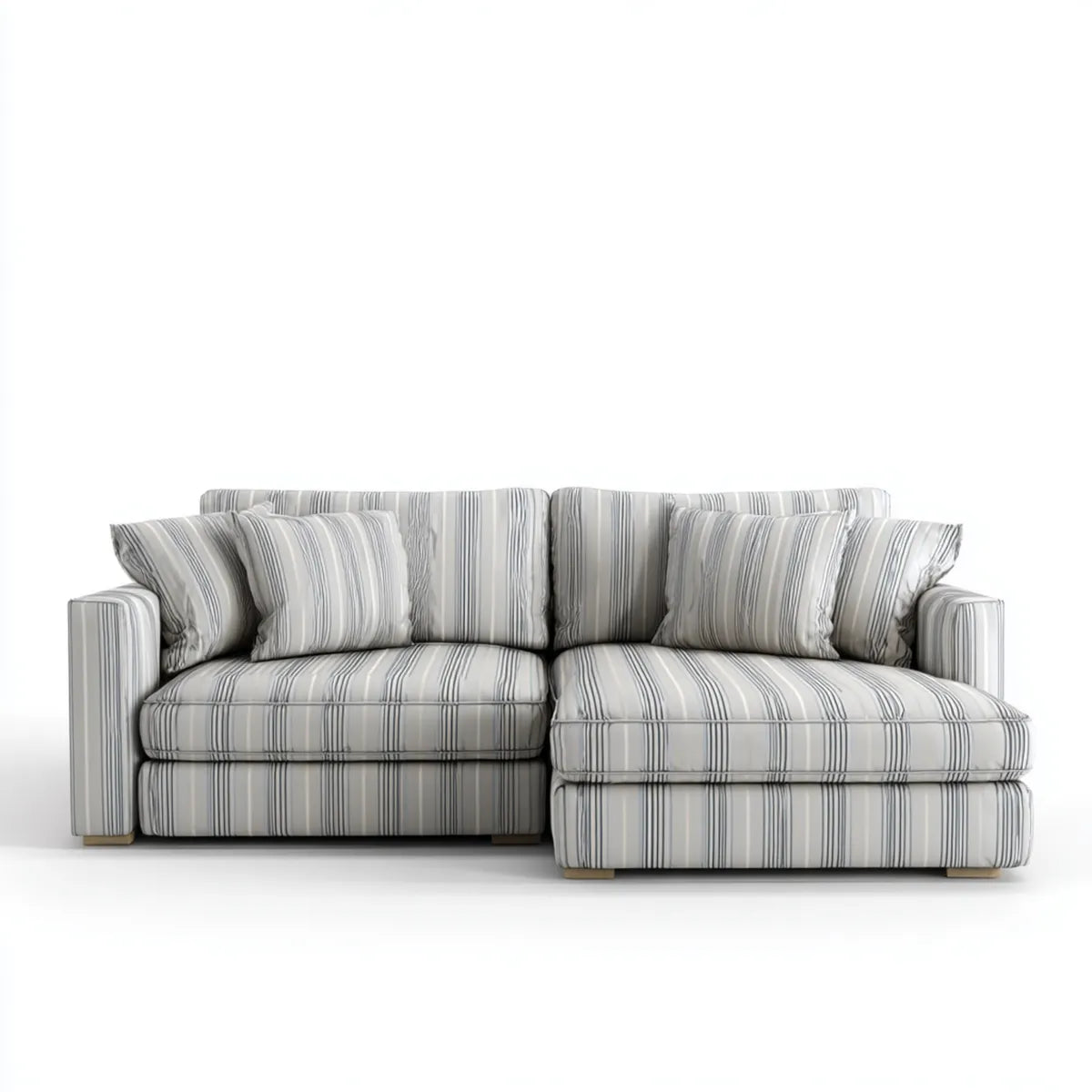 Sofa z krzesełkowym longiem w prawo 3 miejsca szaro-białe paski poliester 230 x 150 x 88 cm