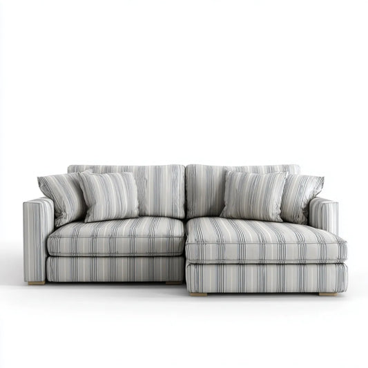 Sofa z krzesełkowym longiem w prawo 3 miejsca szaro-białe paski poliester 230 x 150 x 88 cm